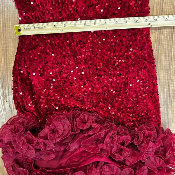 Red Sequin Sexy NYE Coquette Party Dress Rosette Hem Mini Sweetheart Holiday SM - Picture 8 of 9